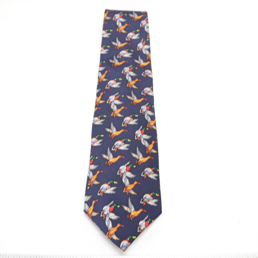 Vtg Allyn Mallard Drake and Hen Tie Mens 58 in Silk Blue Flying Ducks Wide